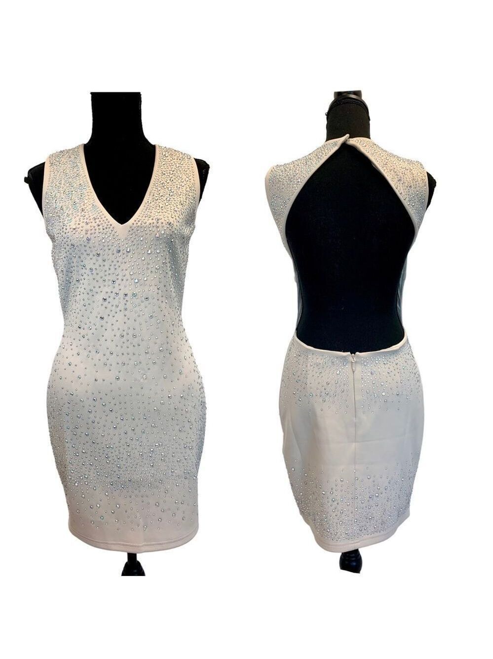 WOW Couture beige sleeveless backless aurora borealis Crystal rhinestone dress M
